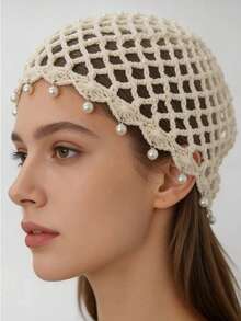 Handmade Hollow Beaded Crochet Brimless Hat, Bohemian Style Breathable Knit Beanie For Women - Multicolor - View 3