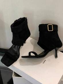 Retro Suede Peep Toe Ankle Strap Sandals, Elegant Square Toe Thin Heels Roman Sandals For Women - Black - View 2