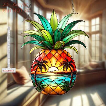 2D Flat Gold Pineapple Window Decor - Tropical Sunset Design, Palm Tree Seascape Pattern, Durable Indoor/Outdoor Decoration For Home, Porch, Bedroom, Office And Garden, Ideal Valentine's Day Gift, Suitable For 11 Holiday Occasions | Tropical Sunset Art | Pineapple Hanging Ornament, 2D Flat