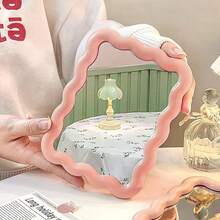 Cute Cream-Colored Wavy Design Makeup Mirror, Dopamine Desktop Portable Mirror, Can Be Placed On Table Or Hung On Wall, Suitable For Bedroom, Travel, Student Dorm, Vanity, Office Small Mirror - Multicolor - View 7