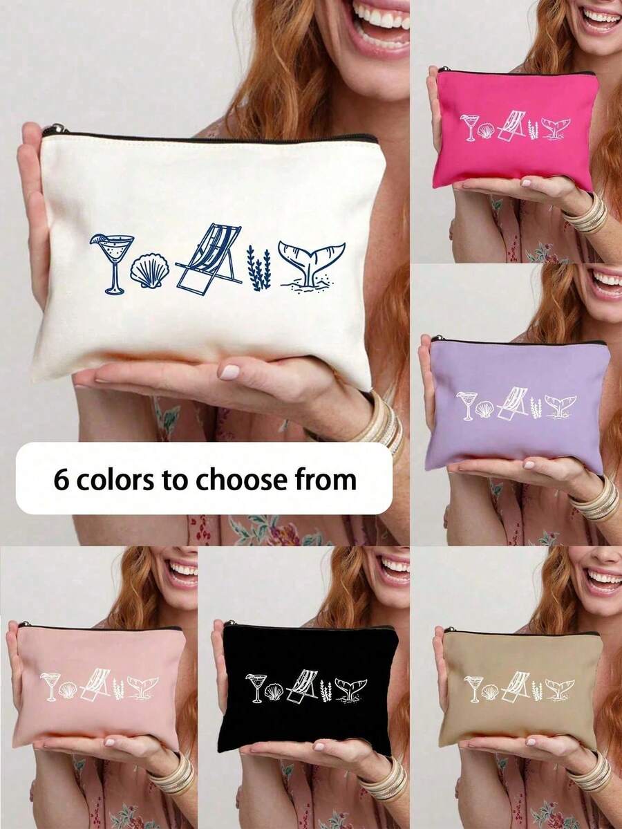 Customized Coastal Style Makeup Bag - Personalized Design "Last Beach Toast" Pattern, Reusable Makeup Bag With Glasses And Shell Elements, Lightweight Hand-Painted Style, Convenient And Practical Makeup And Toiletry Storage Pouch - Multicolor - View 1
