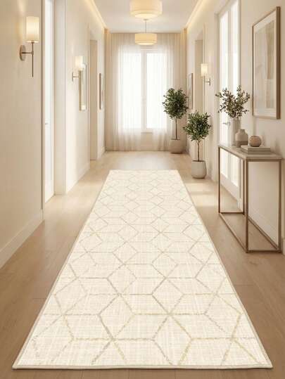 1pc Rug, Carpet, Area Rug, Doormat, Runner, Minimalist Modern Abstract Style - Warm White, Geometric Patchwork Pattern, Elegant Moroccan - Long Carpet, Suitable For Bathroom, Kitchen, Entryway, Hallway, Bedside, Living Room, Bedroom, All Season Machine Washable Carpet Mat, Home Decor