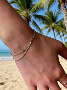 1pc Minimalist Luxury Double-Layer Silver Bead Snake Bone Bracelet, 304 Stainless Steel Rice Bead Chain Accessory, Versatile Daily Wear Non-Fading - Double Layer Bracelet - View 6