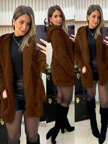 Women's Long-Sleeved Hooded Teddy Coat With Pockets For Winter - màu nâu - Xem 2