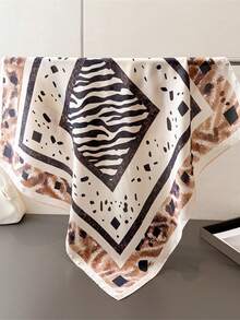 1pc 65*65cm Square Scarf, Women's Satin Silk Imitation Zebra & Leopard Print, Versatile Neckerchief Headband Shawl - Multicolor - View 12