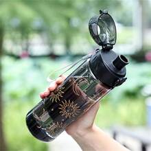 26.37oz Plastic Water Bottle With Chrysanthemum Pattern | Transparent Portable Reusable Sealed Fitness Travel Cup, Printed Design - Multicolor - View 4