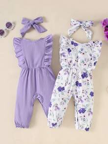 4pcs/Set Baby Girls' Summer Solid Color Ruffle Trim Bow Romper & Solid Color Bow & Floral Print Bow Romper Combination Set - Multicolor - View 2