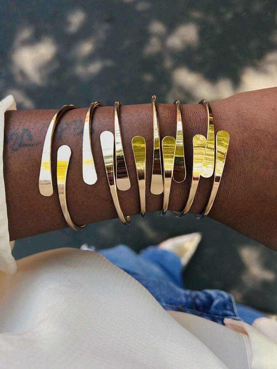 6pcs Fashionable Minimalist Flattened Ends Adjustable Bangle Bracelet Set For Women - Gold - View 1