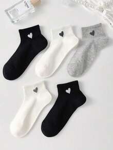 3/6 双装女士百搭短袜，黑、白、灰三色可选，简约设计，饰有小爱心图案，面料柔软透气，可爱百搭，适合日常穿着。 - 彩色 - 查看 3