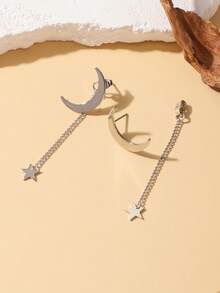 1 Pair Elegant Star & Moon Design Earrings, Minimalist Chic Lightweight Tassel Front & Back Earrings, Versatile Daily Wear - Earrings - View 3