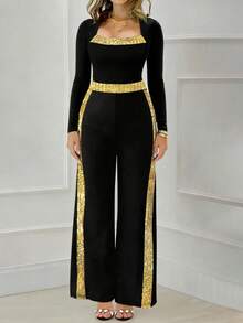 Women's Fashionable, Elegant, Versatile Contrast Color Long Sleeve Jumpsuit For Daily Wear - Black - View 5
