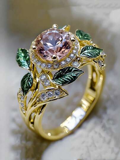 1pc Elegant Classic Inlaid Synthetic Zirconia Exquisite Flower Leaf Design Ring For Women, Perfect For Weddings, Anniversaries Gifts, And Daily Wear