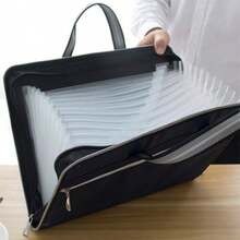 Office Canvas&Leather Folder 12 Layers Expanding Wallet Document Organizer File Folde A4 36x28cm Large Capacity Bag - Black - View 2