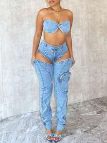 Women's Sexy Denim Bandeau & Cutout Cargo Jeans 2 Piece Set | Strapless High Waist Zi Detail, Ideal For Party & Street Style - 藍色 - 查看 2
