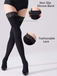 1 par de medias altas de encaje sexy y elegantes para mujeres - Medias de rodilla transpirables y transparentes con silicona antideslizante, ajuste ceñido y adelgazante, versátiles, adecuadas para fiestas, vacaciones y uso diario - Regalo perfecto para el Día de la Madre, el Día del Padre, el Día de la Independencia y otras festividades - Lavar a mano - Negro - Ver 1