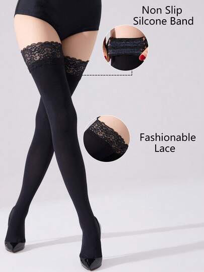 1 Pair Women's Sexy Elegant Lace Thigh High Stockings - Elastic Breathable Sheer Knee High Socks With Non-Slip Silicone, Tight-Fitting Slimming Versatile Socks Suitable For Parties, Holidays, Daily Wear - Perfect Gift For Mother's Day, Father's Day, Independence Day And Other Holidays - Hand Wash