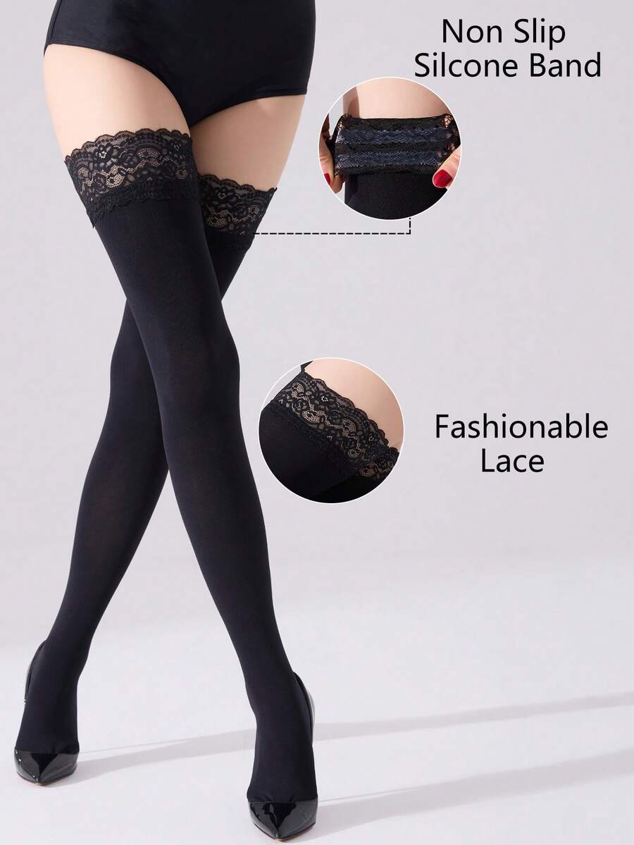 1 par de medias altas de encaje sexy y elegantes para mujeres - Medias de rodilla transpirables y transparentes con silicona antideslizante, ajuste ceñido y adelgazante, versátiles, adecuadas para fiestas, vacaciones y uso diario - Regalo perfecto para el Día de la Madre, el Día del Padre, el Día de la Independencia y otras festividades - Lavar a mano - Negro - Ver 1