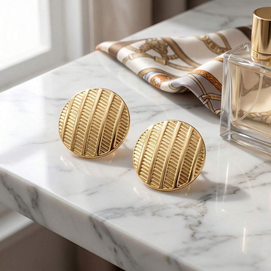 Striped Round Earrings ,Gold Minimalist Stainless Steel Material ,Retro Signature Jewelry Suitable For Women - Gold - View 1