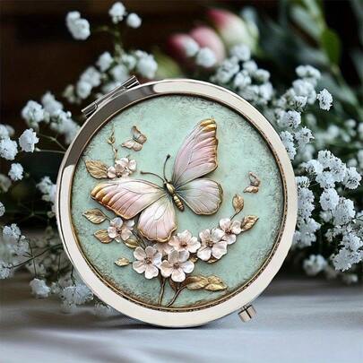 Elegant Butterfly & Floral Pattern Makeup Mirror - Portable Handheld Folding Round Mirror With Polished Stainless Steel Frame, Suitable For Daily Use And Travel, Ideal Gift For Special Occasions, Butterfly Decor