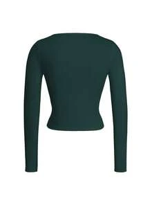 Vaiaye 女士夏季针织方领钻石镂空性感收腰上衣，适合圣诞节、新年、感恩节等场合，修身剪裁 - 墨綠色 - 查看 4