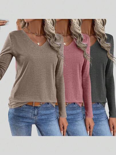 3-delige set plus size effen V-hals tops met lange mouwen, losvallend en casual, geschikt voor dagelijks gebruik in de lente/herfst en voor thuis, machinewasbaar.