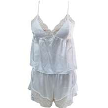 Women's Sexy Silk Satin Pajamas Sets Lace Trim Cami Tops Shorts Sleepwear - 白色 - 查看 6