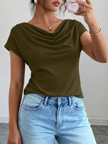 PRETTYGARDEN Women's Summer Clothes Tops Dressy Casual Clothing Cowl Neck Short Sleeve Blouses Business Work Office Shirts  Tops For Women - 軍綠色 - 查看 5