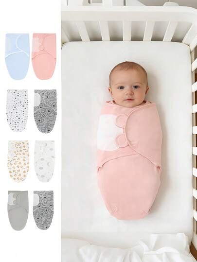 2件套可爱印花婴儿襁褓毯，柔软亲肤，透气防汗，多种颜色可选，适合0-3个月婴儿，可调节