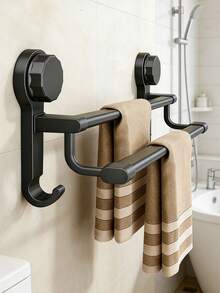 1Pc No Drill Suction Cup Double Towel Bar, 2-Tier Black Carbon Steel Plastic Bathroom Towel Rack With Hooks, Easy To Install & Remove, Multifunctional Organizer For Towels, Slippers, Utensils, Ideal For Bathroom, Kitchen, Balcony, - Multicolor - View 5