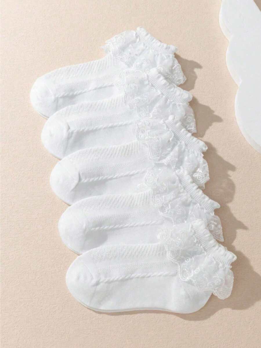 5 Pairs Spring/Summer Children/Girls White School Socks, Classic Retro Cable Knit Design, Sweet Cute Lace Trim, Soft Comfortable, Fashion Versatile Breathable Princess Style Short Socks, Suitable For Daily Dress, Party, Wedding, School Outfit - White - View 1