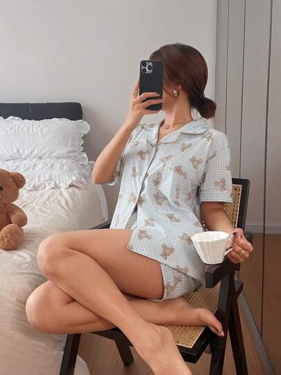 Dreamivo 2pcs Women's Blue & White Plaid Bear Pattern Loose Short Pajama Set, Suitable For Home Wear