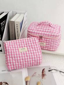 3PCS/1set Quilted Makeup Bag Set, Cosmetic Bag, Stylish Travel Toiletry Bag, Cute Small Pouch, Kawaii Aesthetic Makeup Bag, Travel Plaid Makeup Organizer Bag With Zipper Pocket, Chere Checkered Makeup Bag, Travel Makeup Bag, Large Capacity Pencil Case, Makeup Brush Holder Bag, Holiday Travel Toiletry Bag, Bathroom Accessories, Wedding Gift, Bridesmaid Gift, Birthday Gift, Friend Gift, Valentine's Day Gift, Holiday Gift, Bathroom Supplies, Back To School,Makeup Bag,Travel Essential - Multicolor - View 5