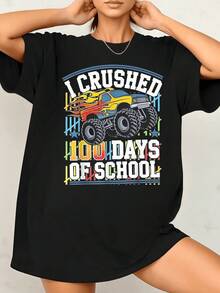 Camión monstruo con llamas simboliza fuerza superando retos estudiantiles celebrando esfuerzo durante cien días mostrando alegría color poder y energía camiseta de mujer 220g casual cómoda para uso diario - Negro - Ver 8