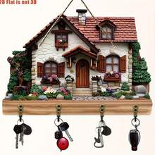 1pc Key Holder With 4 Double Key Hooks, Decorative Country Style Key Rack, Suitable For Entryway, Hallway, Bedroom, Living Room, Wooden Key Organizer - Multicolor - View 3