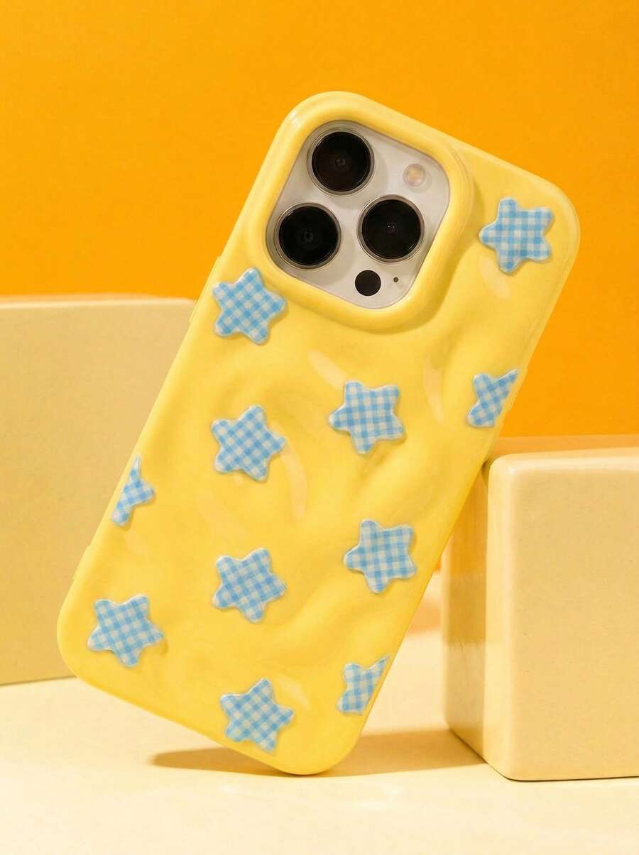 Funda de teléfono con patrón de estrella y cuadrícula azul con efecto arrugado, compatible con iPhone 17 Pro Max, 17 Pro, 17 Air, 16 Pro Max, 14, 15 Pro, 16 Plus, 13, 12, 11, funda suave