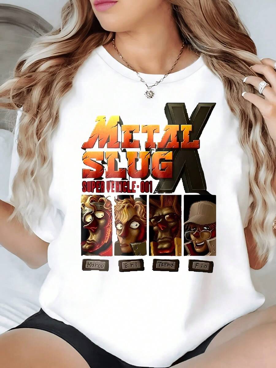 Gráficos coloridos que evocan fuerza valentía y aventura con letras metálicas y retratos artísticos que inspiran energía urbana camiseta de mujer cómoda casual 220g - Blanco - Ver 1