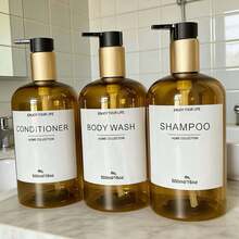 3pcs Gold-Brown Soap Dispenser Set, Bathroom Shampoo & Body Wash Refillable Bottles, Liquid Pump Bottles, Fashionable Gold-Tone Lotion Dispenser & Waterproof Labels, Home Decor Bathroom Storage Accessories, Housewarming Gift Set - Brown Translucent - View 1