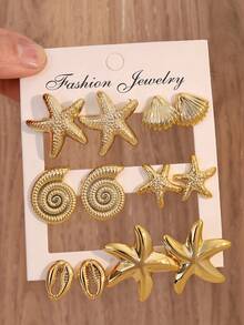 1/6 Pares de pendientes dorados con forma de estrella de mar, concha y caracol, accesorios de playa para mujeres, joyería de playa - Amarillo Oro - Ver 4