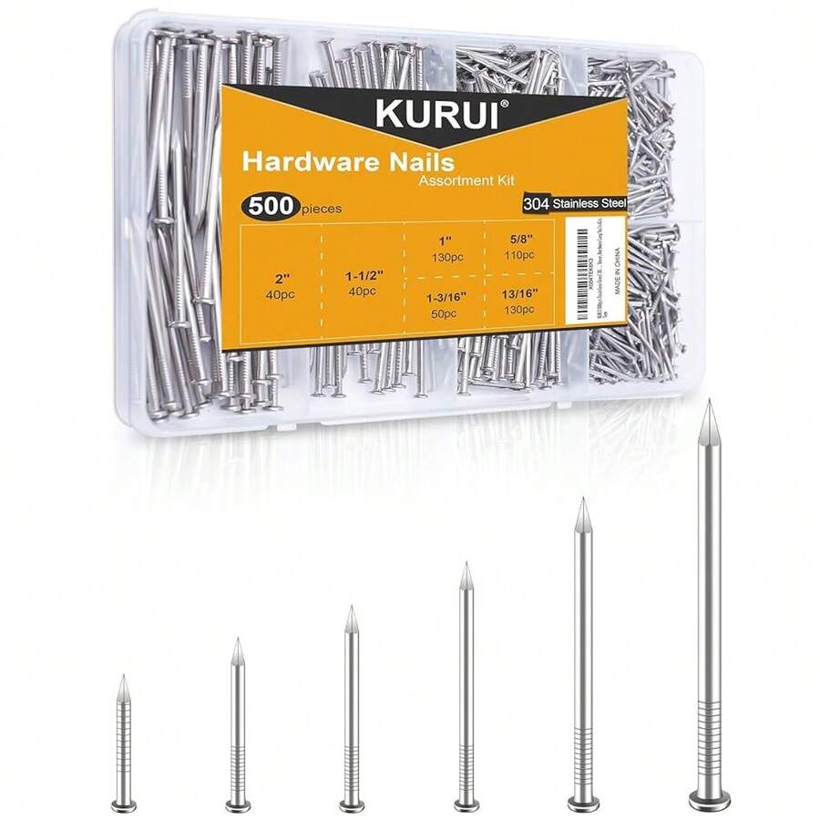 500Pcs Stainless Steel Wall Nails Assortment Kit, 6 Sizes Long Nails For Hanging Picture Frames,Shelves, Wood, Drywall, Small Nails, Finishing Nail For Home Decor & Home Improvement - Silver - View 1