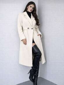 Women's Elegant Luxury La Batida Overcoat With Waist Belt, Autumn/Winter Style, For Women, Cold Weather Clothing, Brown, Black, Beige - 白色 - 查看 2