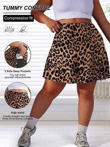 Plus Size Women Leopard Print Skirt With Built-In Shorts, Side Pockets, High Stretch Comfortable Fabric, Suitable For Daily Wear And Sports - Multicolor - View 5