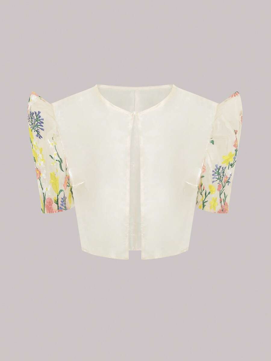 Women's Romantic Embroidered Floral Patchwork Petal Sleeve Cardigan Spring Wedding Party - Champagne - View 1
