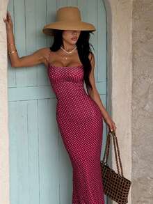 Sexy Backless Red Polka Dot Slip Dress, Fitted Silhouette, Fashionable Long Dress, French Style Wedding Spring Party - Wine Red - View 2