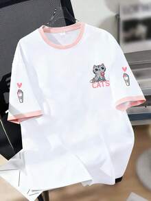 Girls Cute Cat Heart Letter Print T-Shirt, Casual Soft Top For Summer - Pink - View 2