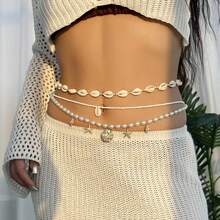 3pcs Fashionable Beach Style Women's Waist Chain With Shell, Starfish & Faux Pearl Pendant, Elegant Casual Body Chain - Yellow Gold - View 4