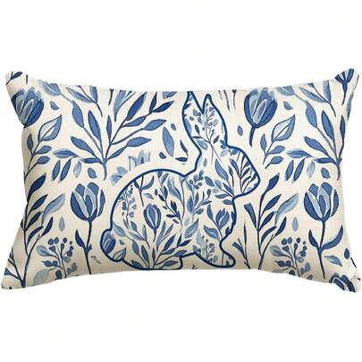 1个复活节兔子蓝白图案枕套，12 x 20英寸桉树叶花卉图案靠垫套，装饰沙发