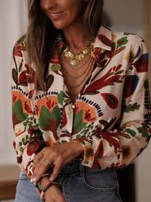 Women's Long Sleeve Shirt With Vibrant Floral Pattern, Fashion Stand Collar Polyester Front Button Blouse Vacation Spring - Multicolor - View 5