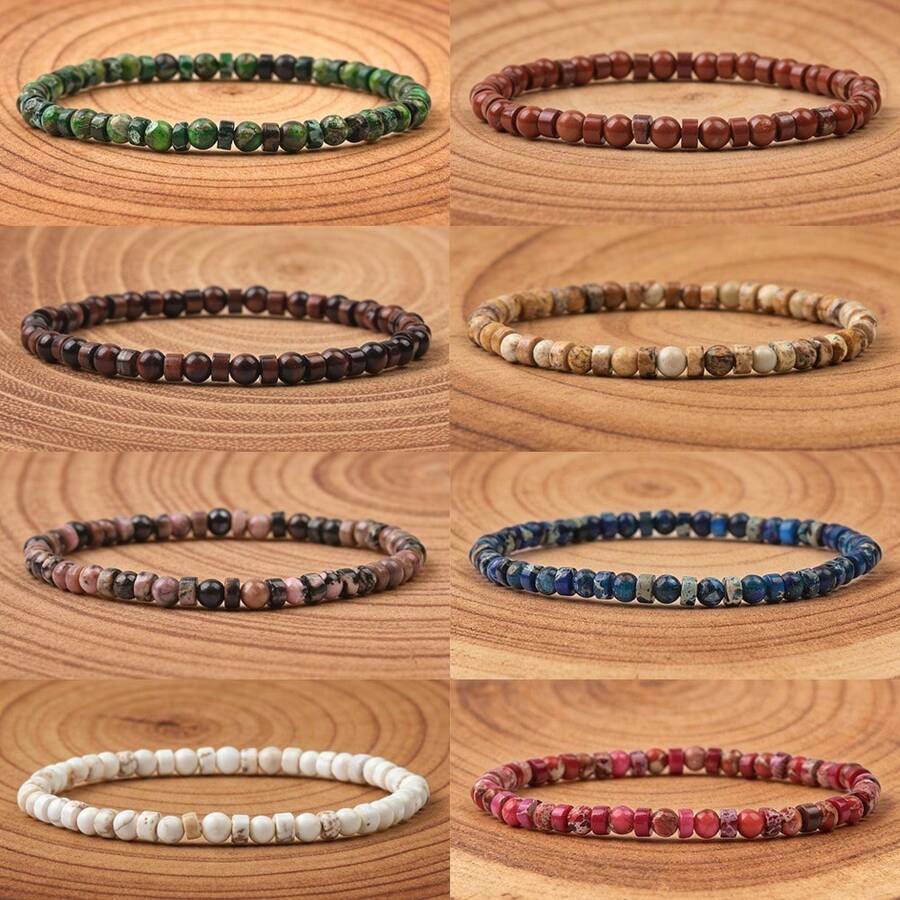 1条4毫米天然碧玉串珠弹力手链，波西米亚风格百搭日常佩戴饰品，适合女性和情侣佩戴 - 彩色 - 查看 1