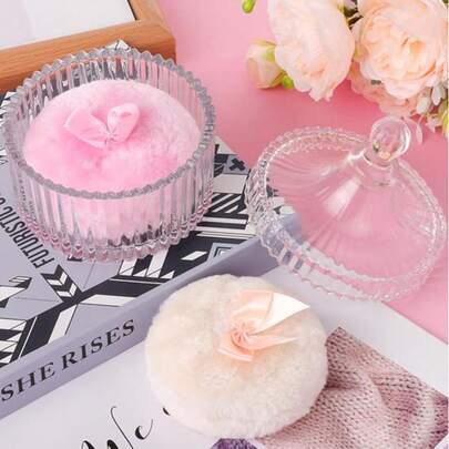 Tarro de cosméticos de vidrio transparente con rayas y tapa con borla esponjosa, caja de almacenamiento de cosméticos y pequeños accesorios de estilo Victoria, elegante caja decorativa para el baño, elegante tarro decorativo de polvo a rayas, tarro de cosméticos clásico, esencial para el tocador, regalo de almacenamiento de cosméticos para mujeres, tarro de polvo