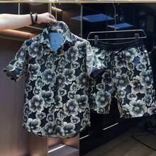 Embossed Gold Flower Short Sleeved Shirt Shorts Two-Piece Set For Men's Summer Cool And Loose Fitting Shirt Set - 黑色 - 查看 3